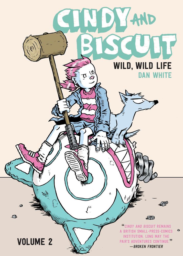 A cover for Cindy and Biscut volume 2, showing a girl with a massive hammer and a tiny fierce dog sitting on the remains of a giant robot cat