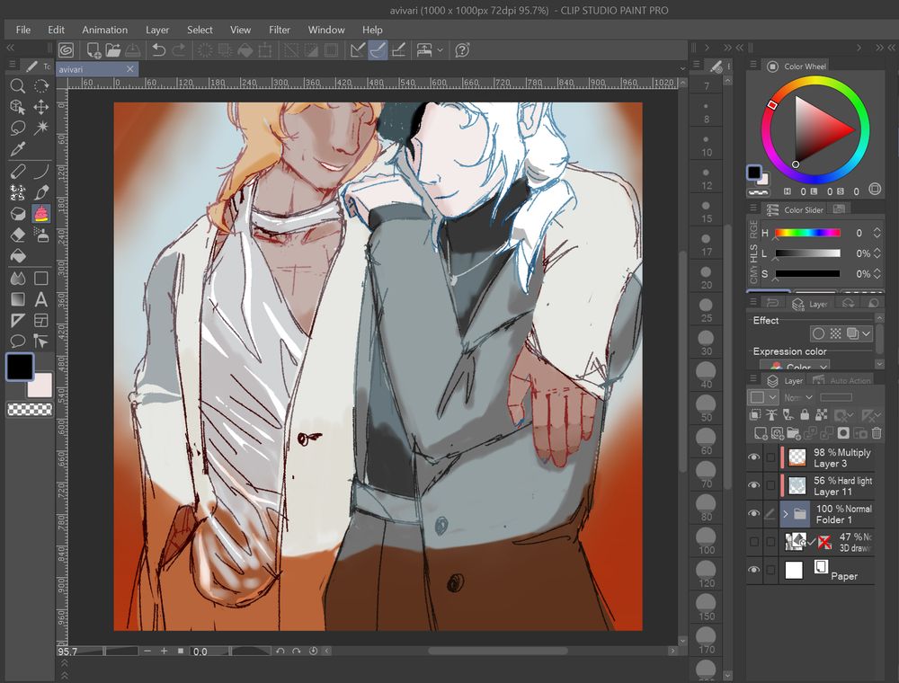 two men stand in close proximity, with one putting his arm around the shoulders of the other. they appear to be quietly talking to each other and a spotlight shines on them