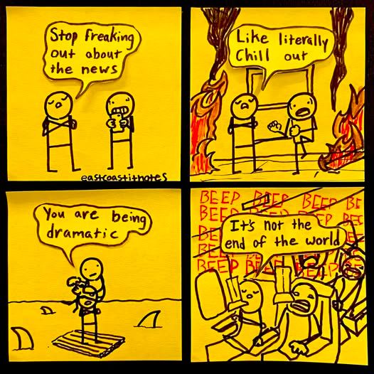 A comic by Eastcoastitnotes:

Panel 1: FigureA stands with arms crossed and their eyes closed saying "Stop freaking out about the news" to FigureB who is looking panicked as they stare at their phone.

Panel 2: FigureA continues, unmoving, saying "Like literally chill out" as FigureB looks about to run, the room is burning around them.

Panel 3: FigureA continues, unmoving, arms crossed, eyes closed, as they stand on a raft in the middle of the water, sharks circle, their fins visible above the waterline. They are saying "You are being dramatic" to FigureB, who has climbed them and are holding on for dear life because the raft is only big enough for FigureA to stand on without possibly upsetting it.

Panel 4: FigureA is now sitting in a plane beside FigureB, their eyes remain closed, arms crossed as they insist "It's not the end of the world". FigureB, meanwhile, clings to the arms of his seat as alarms blare and oxygen masks drop from the ceiling, fairly good indicators that the plane is, indeed, going down.