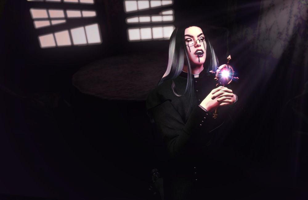 A second life photo of Cas dressed as a priest in some kind of distress.