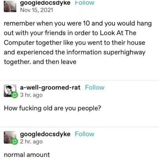 Originally posted on Tumblr:

OP: Googledocsdyke posts - Remember when you were 10 and you would hang out with your friends in order to Look At the Computer together like you went to their house and experienced the information superhighway together. And then leave.

a-well-groomed-rat responds - How fucking old are you people?

Googlsdocsdyke replies - Normal amount