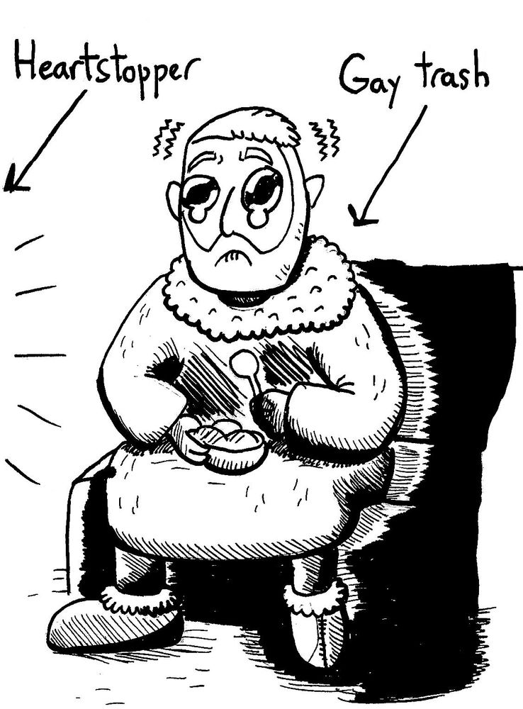 Self-portrait of a man, labelled 'Gay Trash', watching Heartstopper with a bowl of ice cream. He's on the brink of tears because it's getting him emotional.