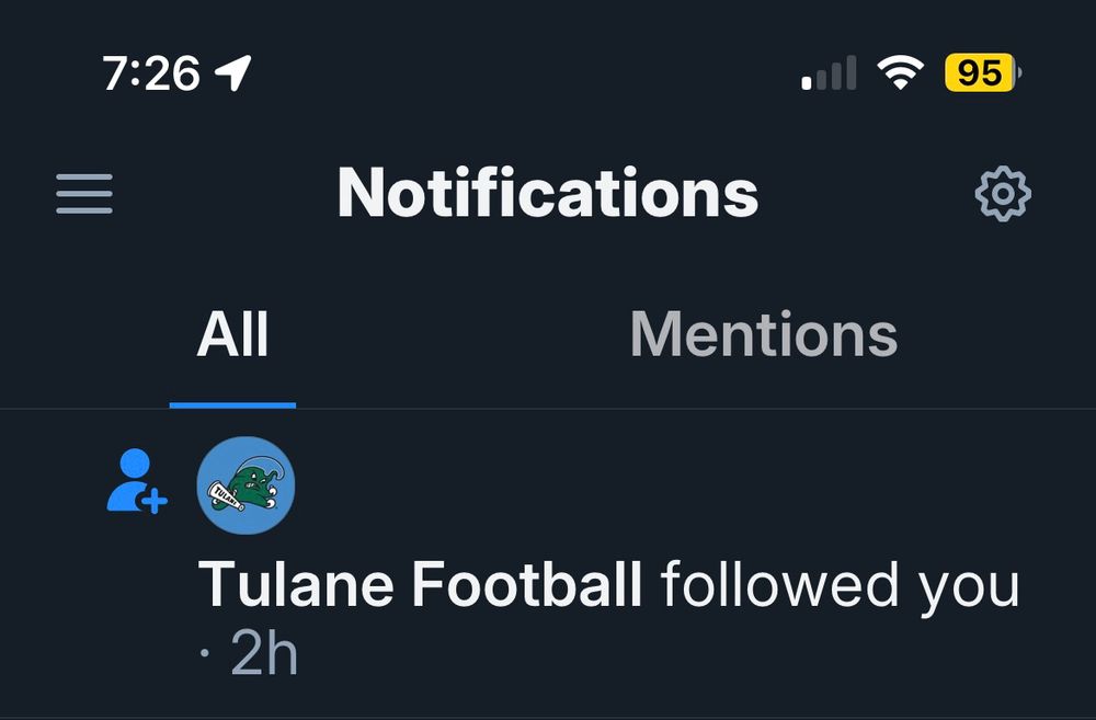 Notifications showing a follow from Tulane Football