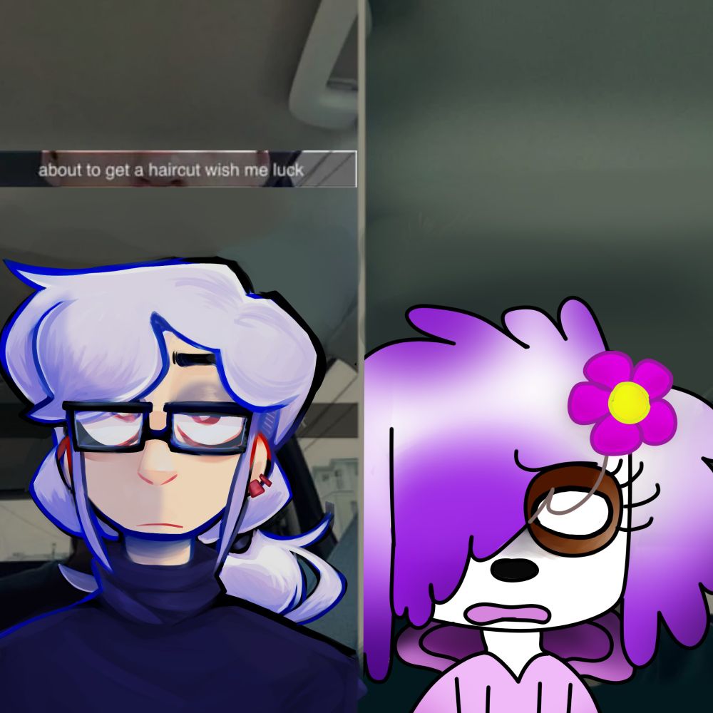 1. character with the caption "about to get a haircut wish me luck" on top
2. original design of said character looking distraught 

