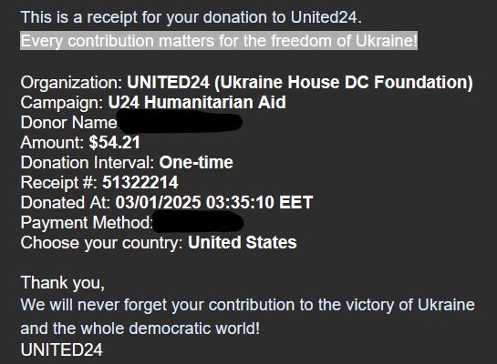 Receipt for $54.21 donation to U24