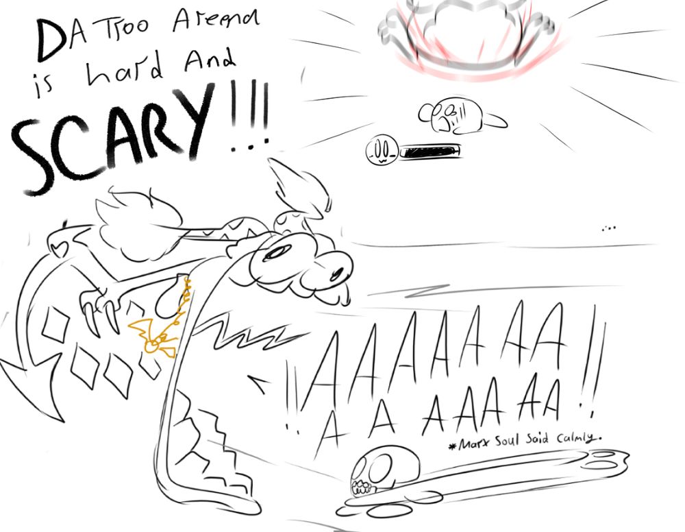 Kirby about to lose to Pyribbit and Marx Soul screaming at Kirby.