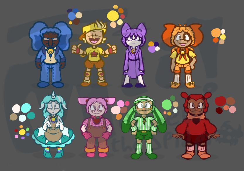 (Can you really call them critters if they're humans now?)

I tried replicating their ears with their hair and gave them clothes I thought suited them. They still have their pendants except Kickin' who's star is on his shirt (he's trying so hard to stand out, smh). I also put their colour pallets over my signature because it'd be a dick move to cover them.