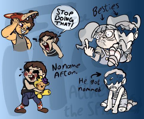 Crying Child is the same as his sprite; to the point were he's sleeveless and has hollow voids for eyes. Only thing I changed about his design was I gave him bucked teath to reference JennyKai31's version of him and gave him Foxy socks - Mike's socks match CC's shirt, this is meant to show that they care about each other in some way.

As a spirit, the top half of his face is missing for obvious reasons.