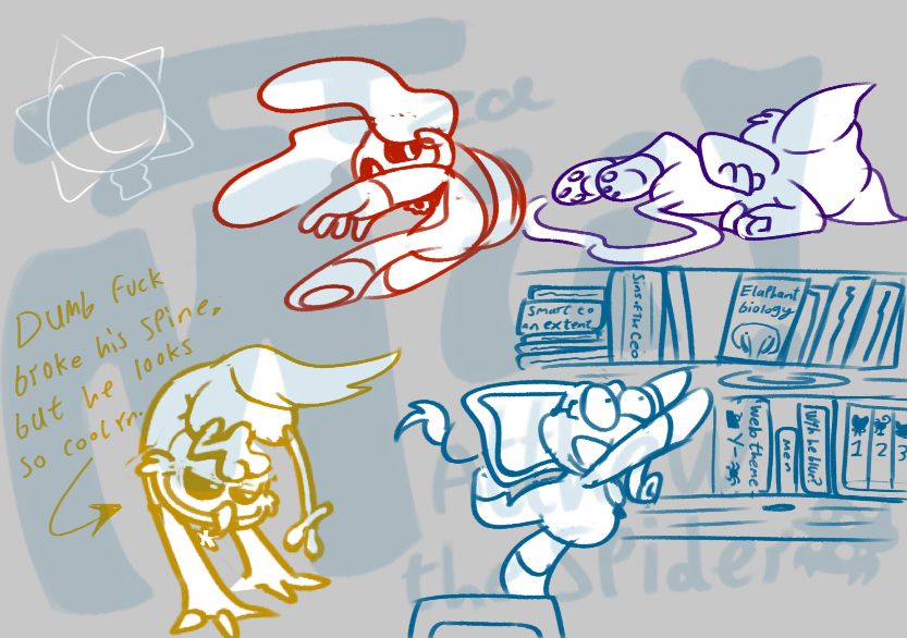 A few sketches of the critter boys:

Wacky-ass DogDay pose.

CatNap in the PETER GRIFFIN DEATH POSE

Kickin hand standing

Bubba trying to reach for a book on the shelf, forgetting the fact that he is an elephant
