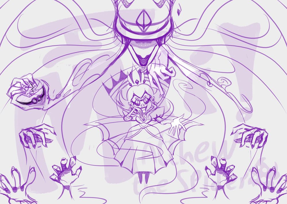 Purple line-art of Shadow Queen Peach levitating, leaning her head on her right arm while holding out her left arm. She's surrounded by hands as the Shadow Queen's true form appears above her, mimicking her left hand gesture with her right hand while holding Grodus' skull in her left hand.