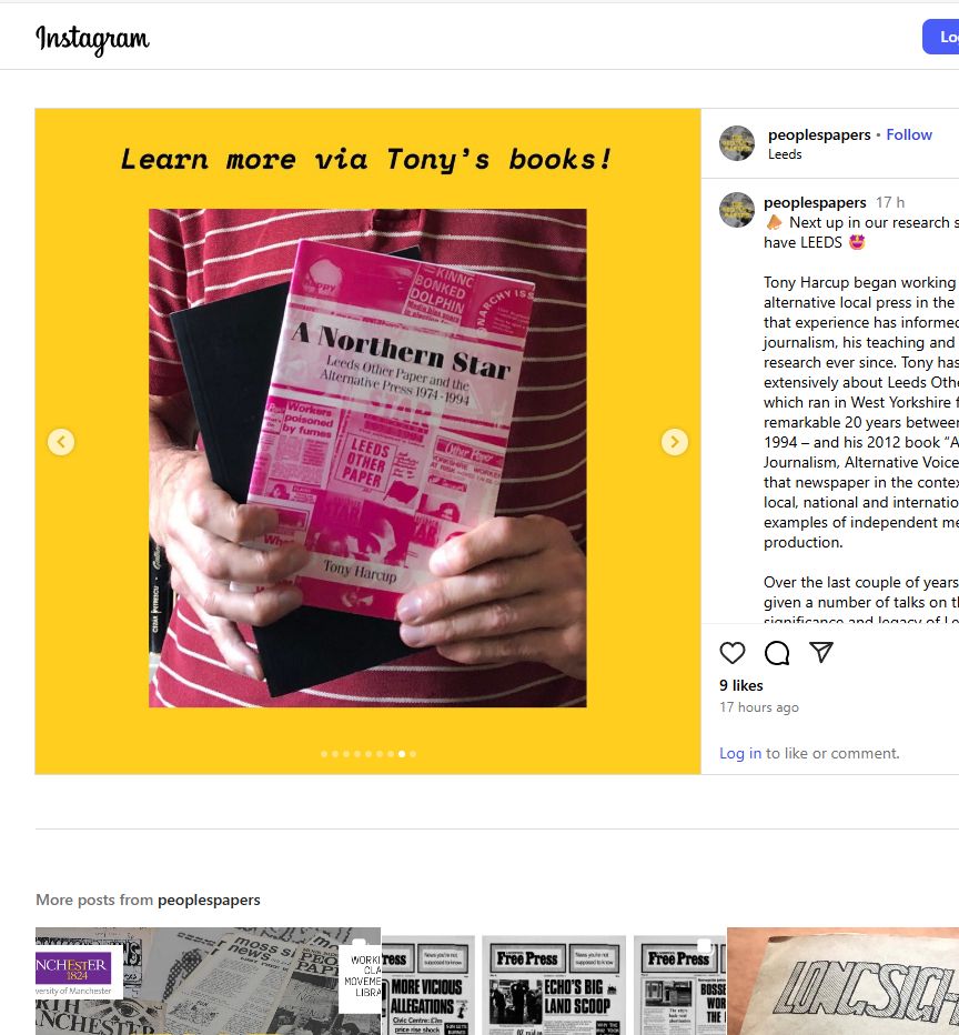 Instagram post from peoplespapers - Learn more vis Tony's books! With cover of pamphlet: A Northern Star