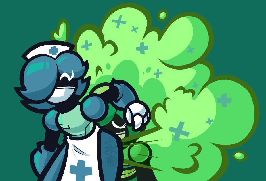 Nurse, Prim (Gravity Circuit)
Prim pressing her face against the Nurse’s rear end, a thick healing mist sprays out as the Nurse keeps her patient’s nose steady 
