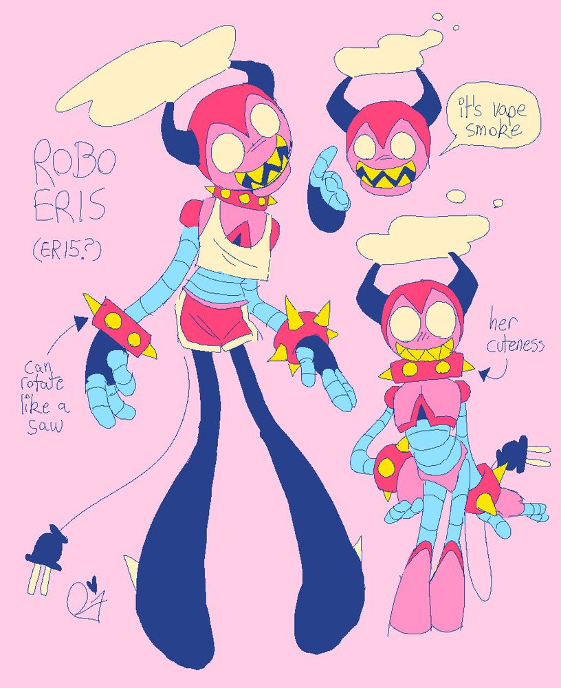 a page of drawings of a robot version of an original character named eris. she is scrawny with a pink and blue body, a hot pink spiked choker and bracelets, exhaust pipes that resemble demon horns, blank white eyes, and sharp teeth. on the left is xir wearing a crop top and short shorts, with drawings of xir without clothes and xir pointing at the gas coming from xir exhaust pipes and saying "it's vape smoke"