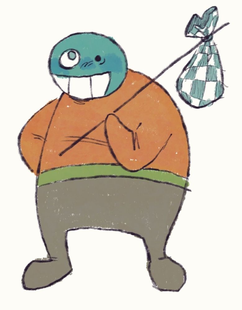 a sketch of bubs from homestar runner carrying a bindle over his shoulder