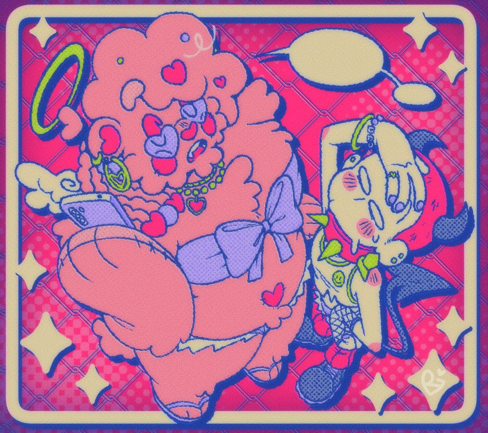 a drawing of two original characters, eros, a furry pink anthro teddy bear with a halo and small angel wings, and eris, a scrawny humanoid demon with buzzed red hair and blank white eyes. eros is wearing a purple wrapped tube top, cutoff shorts, and heart-shaped sunglasses and has part of his curly hair tied into braids. eris is wearing a spiky collar, a ripped crop top, and cutoff shorts. eros is calling someone on the phone and eris looks awkwardly into the sky. the entire drawing is done in bright shades of pink, purple, blue, and yellow-green.