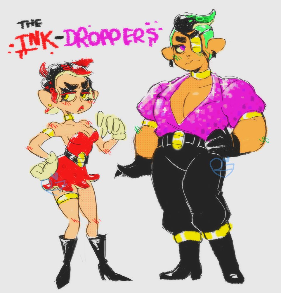 a fullbody drawing of the same character as the first drawing, now with another original character named sara, an octoling with short black and red tentacle hair and a short red dress that resembles an octopus sausage