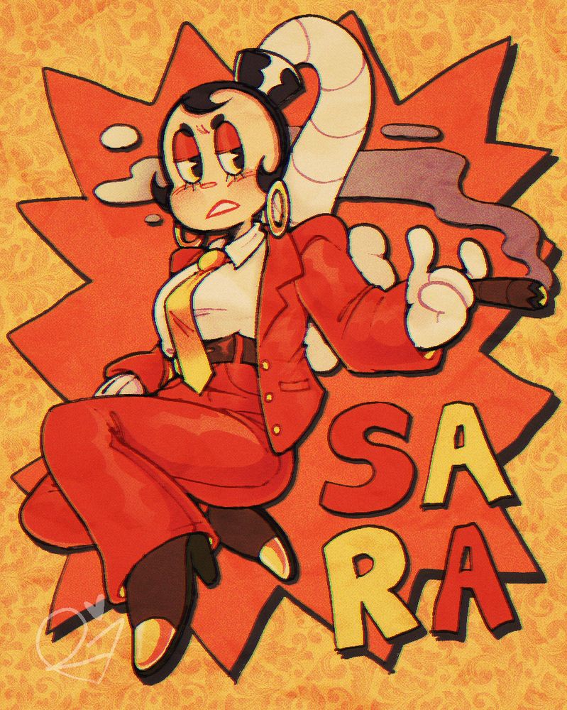 a drawing of an original character named sara bomba, a pale-skinned humanoid woman with short curled black hair and a fuse coming from the back of her head. she is wearing a red suit with a yellow tie and sitting while holding a cigar. the drawing is done in shades of red, yellow, and brown, and is done in a textured, retro style