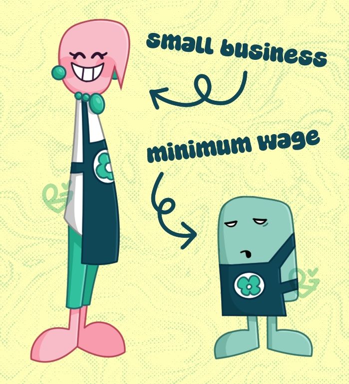 a drawing of two homestar runner original characters, small business, a pink armless humanoid that resembles a middle-aged woman in an apron, and minimum wage, a small teal brick-like creature with a depressed look and an apron