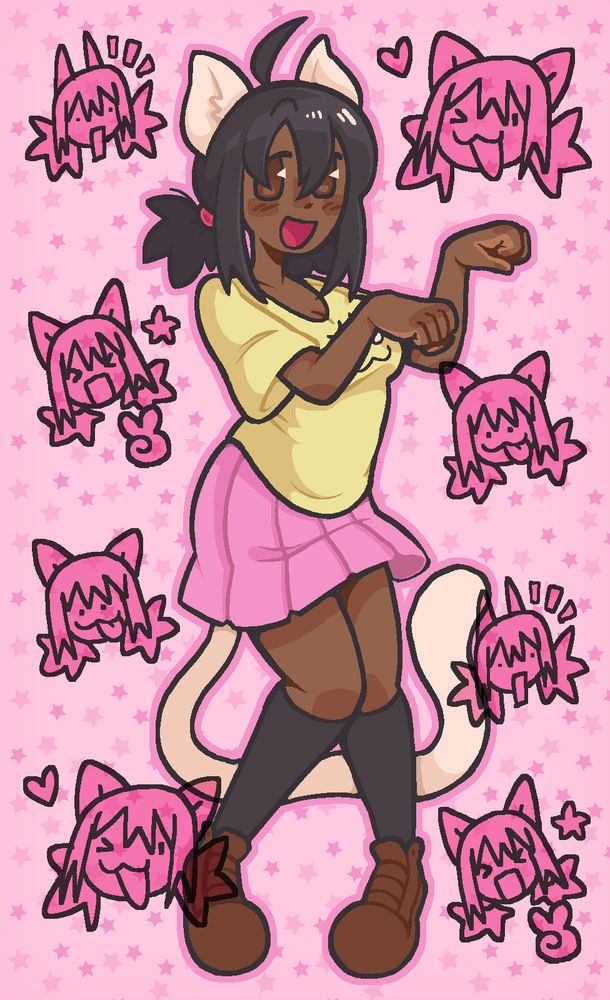 a drawing of a dark-skinned catgirl surrounded by chibi doodles of her head