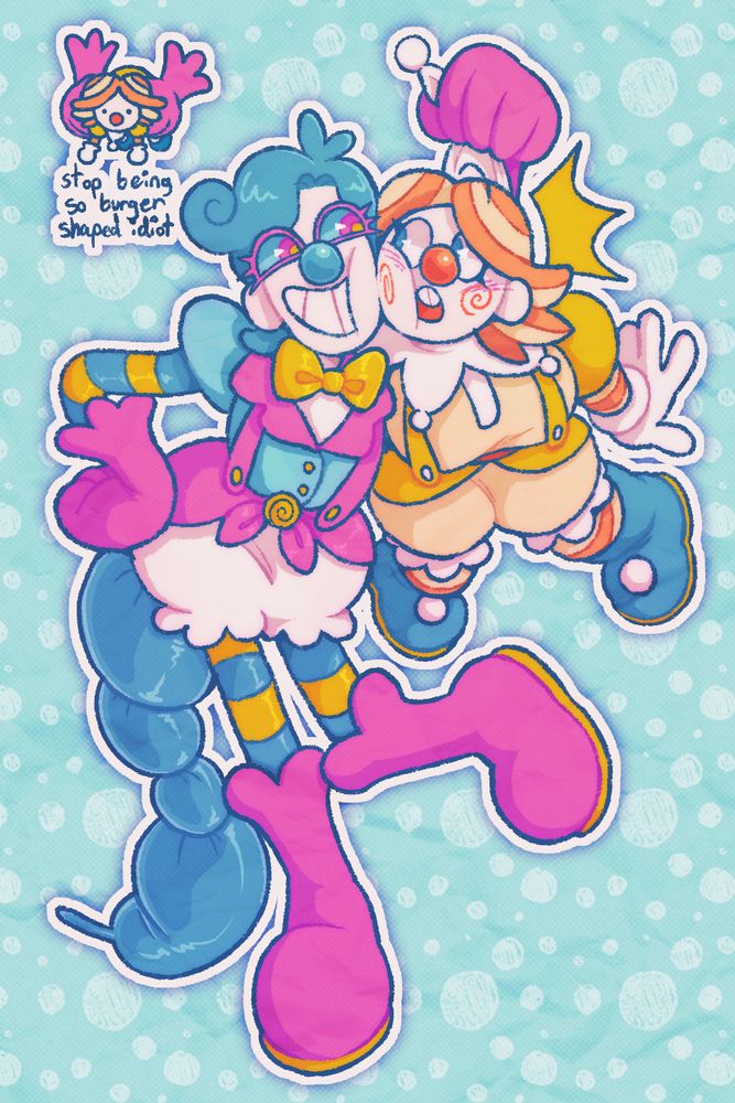 a drawing of a tall woman in clown attire named chela picking up a smaller woman in clown attire named spoon