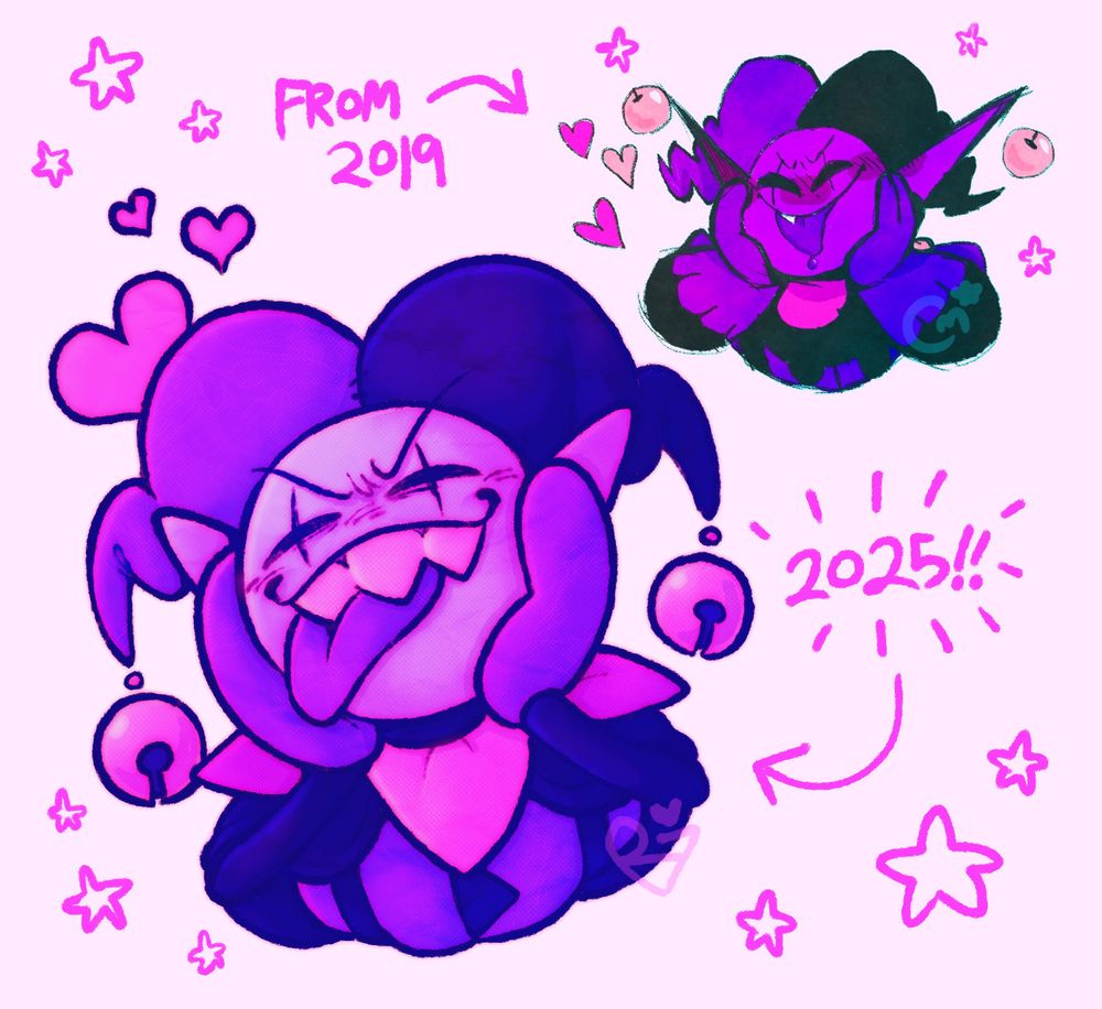 a drawing of jevil from deltarune smiling and sticking his tongue out done in shades of purple and pink. next to it is the same drawing but from 2019.