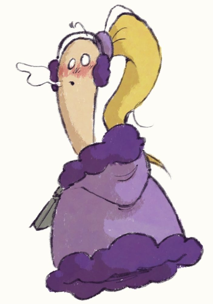 a doodle of marzipan from homestar runner wearing a coat and earmuffs