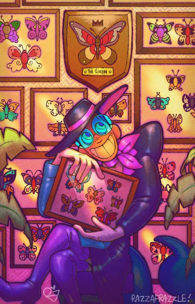 a rendered drawing of an original character named chela, a lanky woman with multicolored spiral eyes, a wide, manic grin, and a large teal scorpion tail. she is holding up a frame filled with pinned-up butterflies representing various other characters, with many frames of the same littering the wall behind her. she is looking up gleefully at the largest butterfly, which is pinned up to it's own plaque and labelled "the queen"