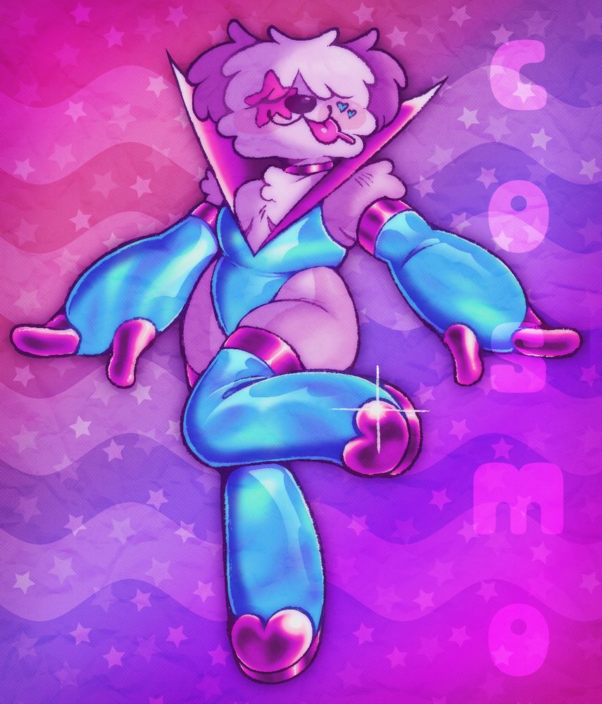 a drawing of a purple dog boy in a holographic retro-futuristic space outfit