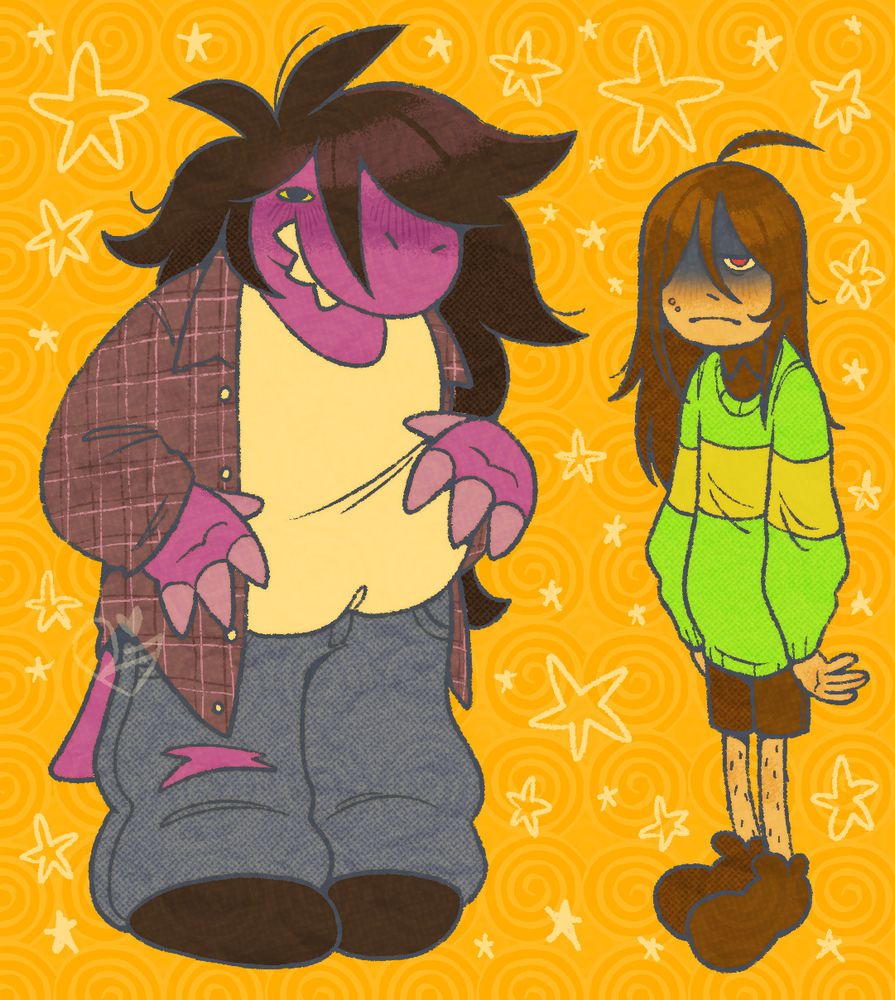 a retro-styled drawing of susie and kris from deltarune, where kris is depicted with long greasy hair, acne, and shorts.