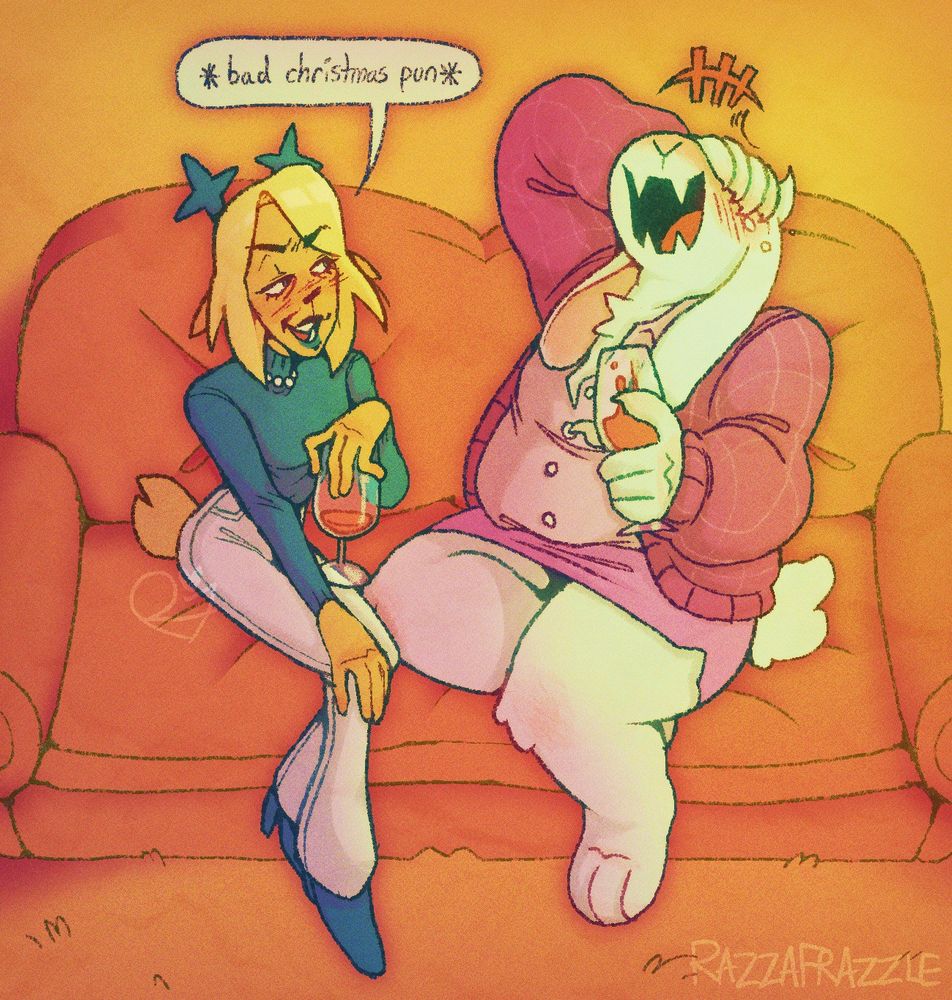 a drawing of carol and toriel from deltarune sitting on a couch together and holding glasses of wine. carol is telling toriel a bad christmas pun while toriel laughs wholeheartedly