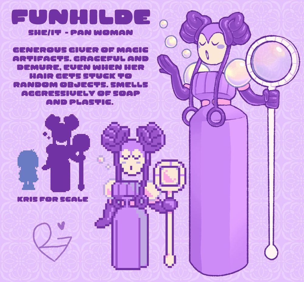 a reference image for a deltarune original character named funhilde, a purple humanoid darkner with sticky hands for hair, a dress resembling a jar of bubble solution, and a bubble wand staff. next to it are blurbs stating that its pronouns are she/it, that it is a pan woman, and the following: "generous giver of magic artifacts. graceful and demure, even when her hair gets stuck to random objects. smells aggressively of soap and plastic." below that is a pixel sprite of her