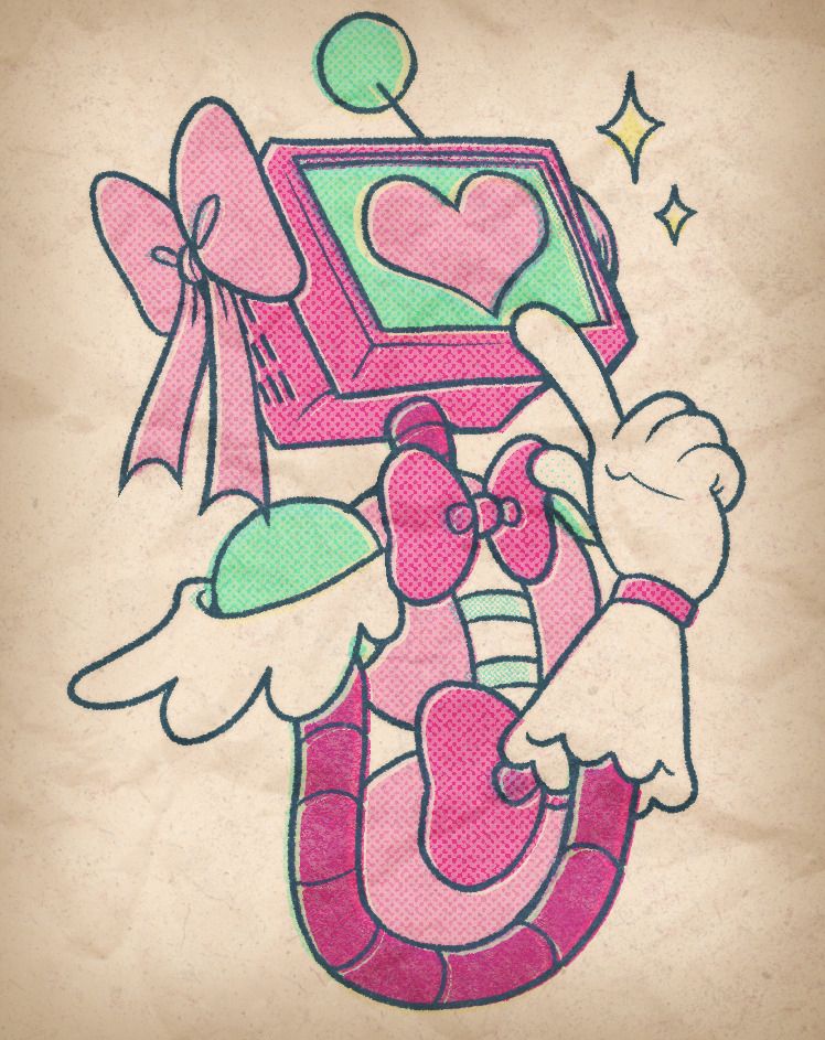 a drawing of a pink tv-headed robot in lolita fashion colored in halftones