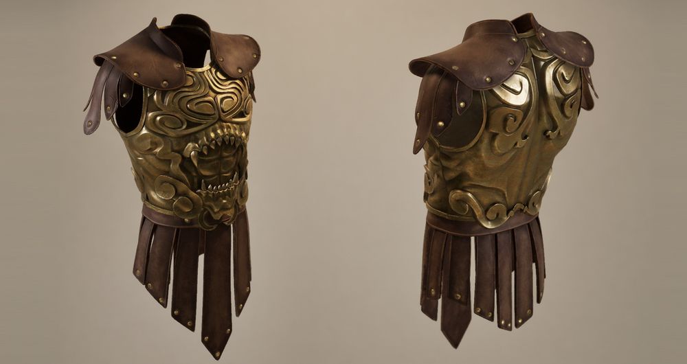 A 3D model of a Hoplite inspired armor, where the breastplate has swirls making up the shape of a lion face, with teeth sticking out of it right above the abs.