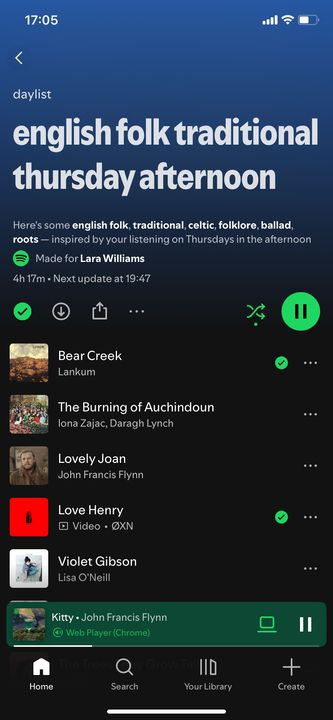 screenshot of spotify daylist described as english folk traditional thursday afternoon, consisting of irish bangers from Lankum, Lisa O'Neill, OXN and John Francis Flynn