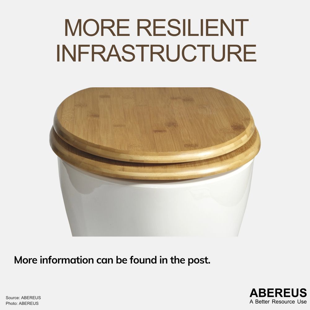 In the middle of the picture, there is a photo of our TTC MINERAL toilet with a wooden lid. It's a white shiny toilet bowl.
Above the photo is the text "More resilient infrastructure" and below is the logo of ABEREUS.