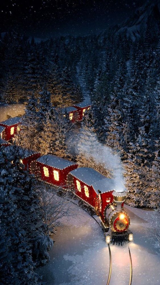 Roter, von außen beleuchteter Zug, fährt durch den Wald im Schnee. 
Quelle: Pinterest