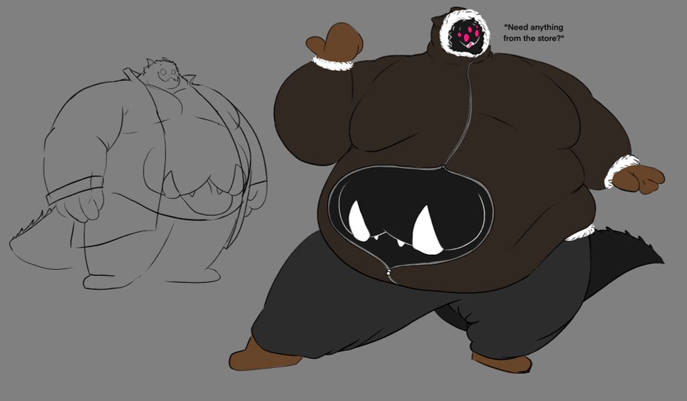 Two doodles of Creature, one where he’s just standing there and another where he’s dressed in a warm winter outfit, his belly mouth is peeking out. He’s enthusiastically asking someone off screen “Need anything from the store?”

#furryart