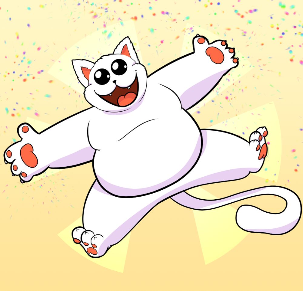 Oscar, a very happy white cat with orange paw beans, confetti surrounds him.