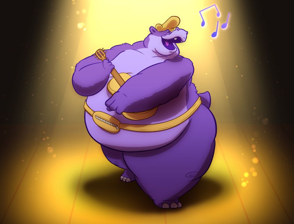 Tahoe, a purple hippo with yellow hair, singing on stage while playing their guitar. A bright spotlight illuminates them from above.