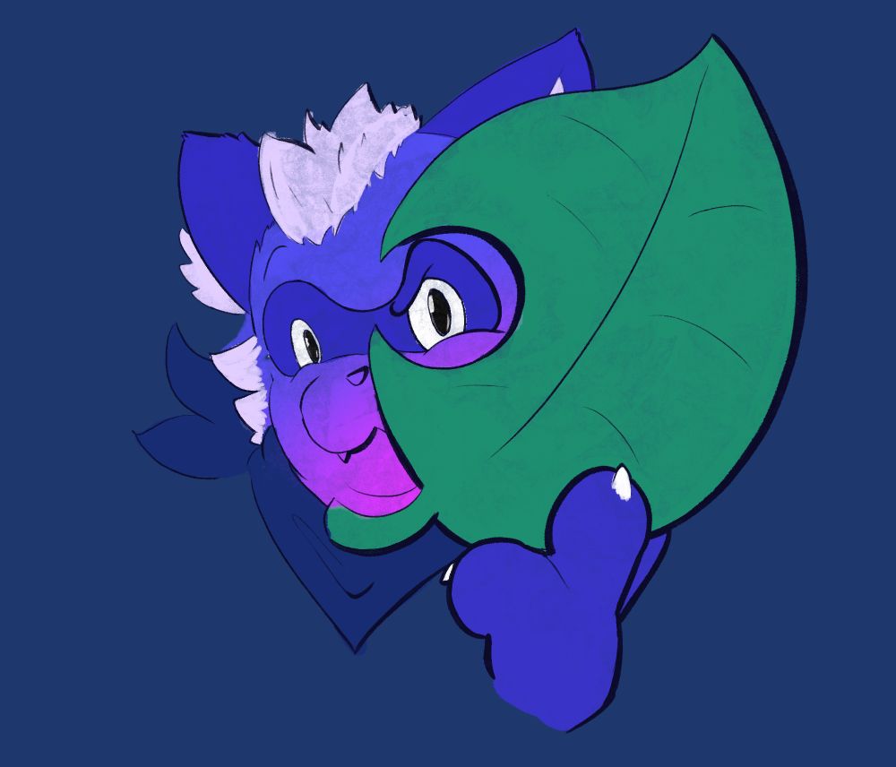 Tanuki Bucket holding a leaf in front of his face, with a small circle carved out of the leaf where he’s looking through it into the camera