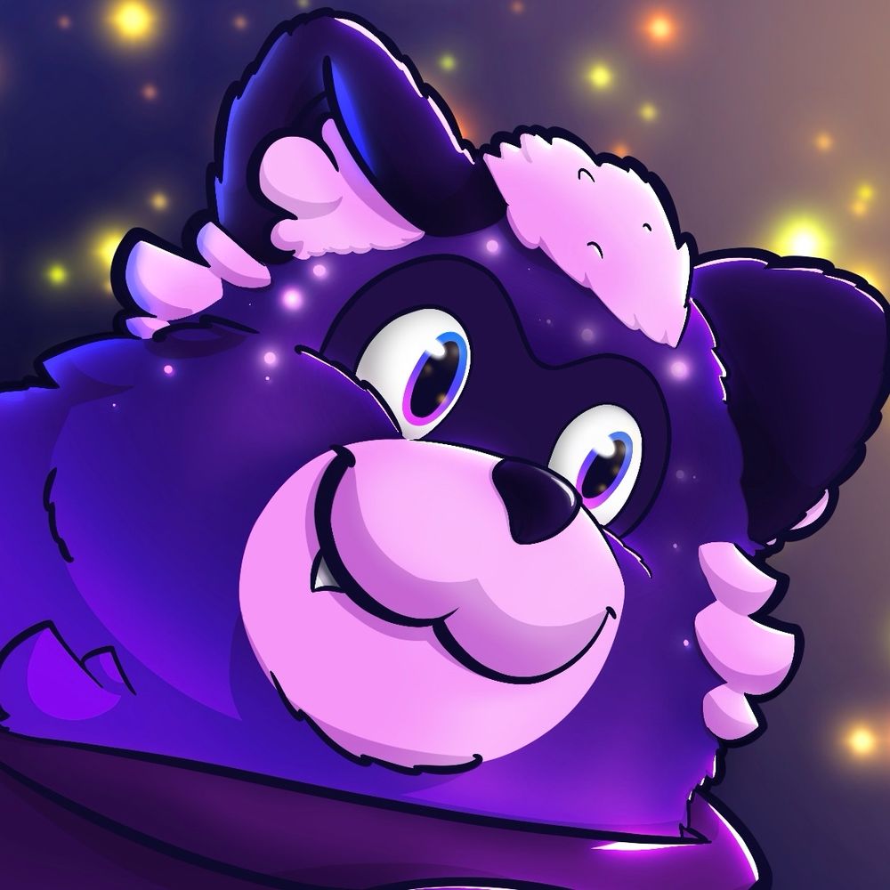Headshot of a purple tanuki surrounded by glowing lights