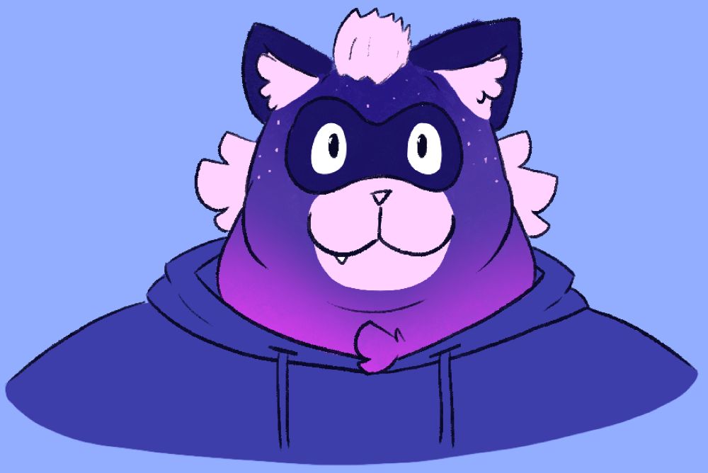 Another drawing of tanuki Bucket, this time coloured in with a pleasant magenta to dark purple gradient with white spots making it look like a starry night sky