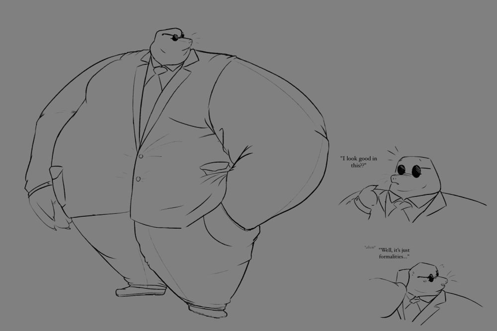 Three doodles of a fat mole man in a suit. 
Two doodles on the right are captioned. "I look good in this??" he clears his throat "Well, it's just formalities..."

#furryart