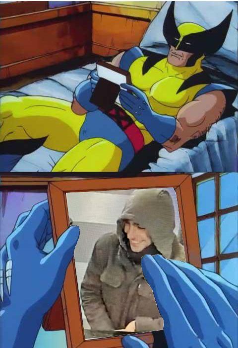 Wolverine looking wistfully at a photograph in a frame while lying on a bed. 

The second frame is from his perspective. He is touching the photo. The photo is the alleged shooter of the United Healthcare CEO, smiling in CCTV footage