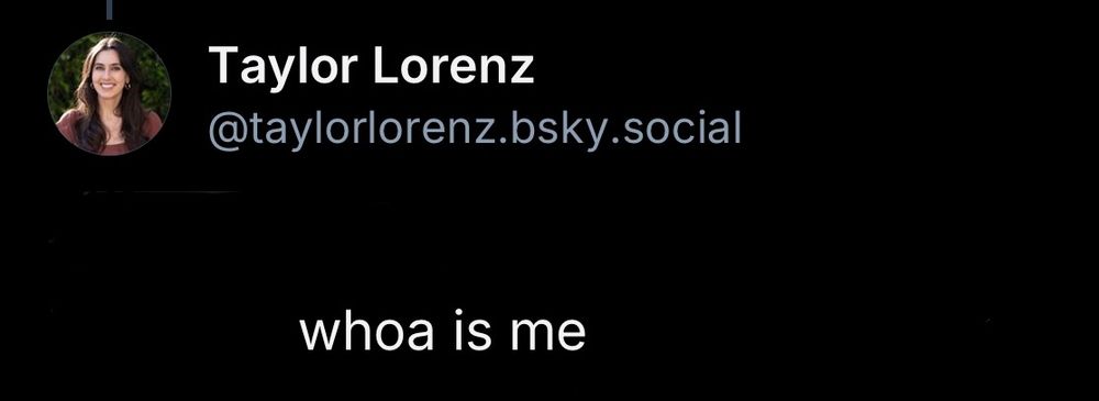 A post by Taylor Lorenz where the rest of the text except where she said “whoa is me” spelled w-h-o-a instead of w-o-e is blanked out