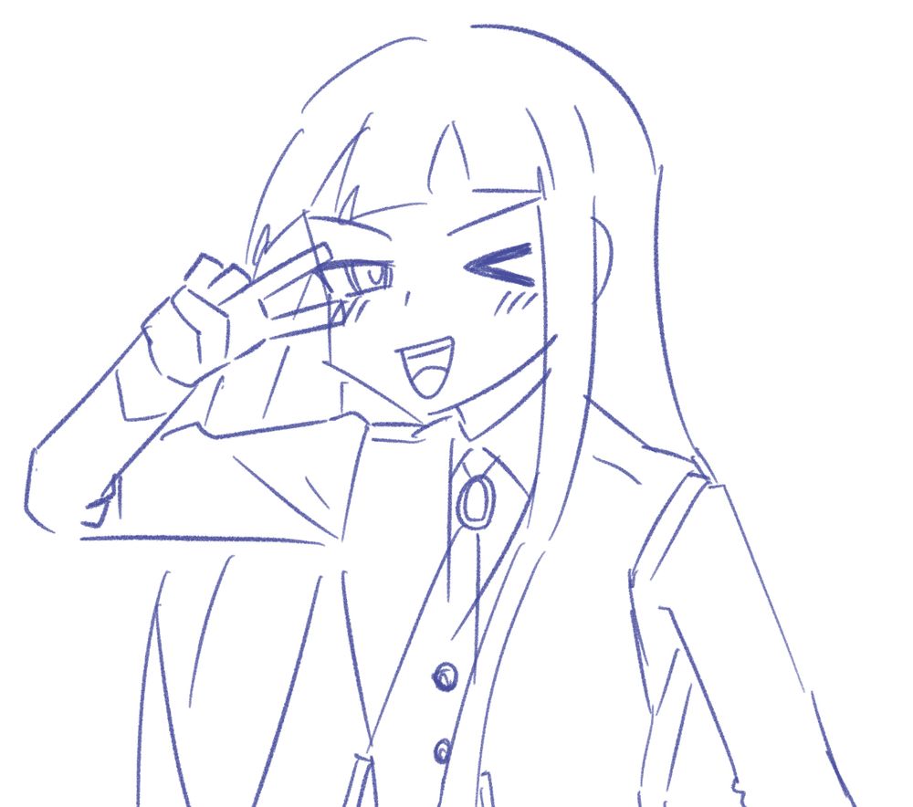 ぱっつん前髪の子がウインクしながらピースしている