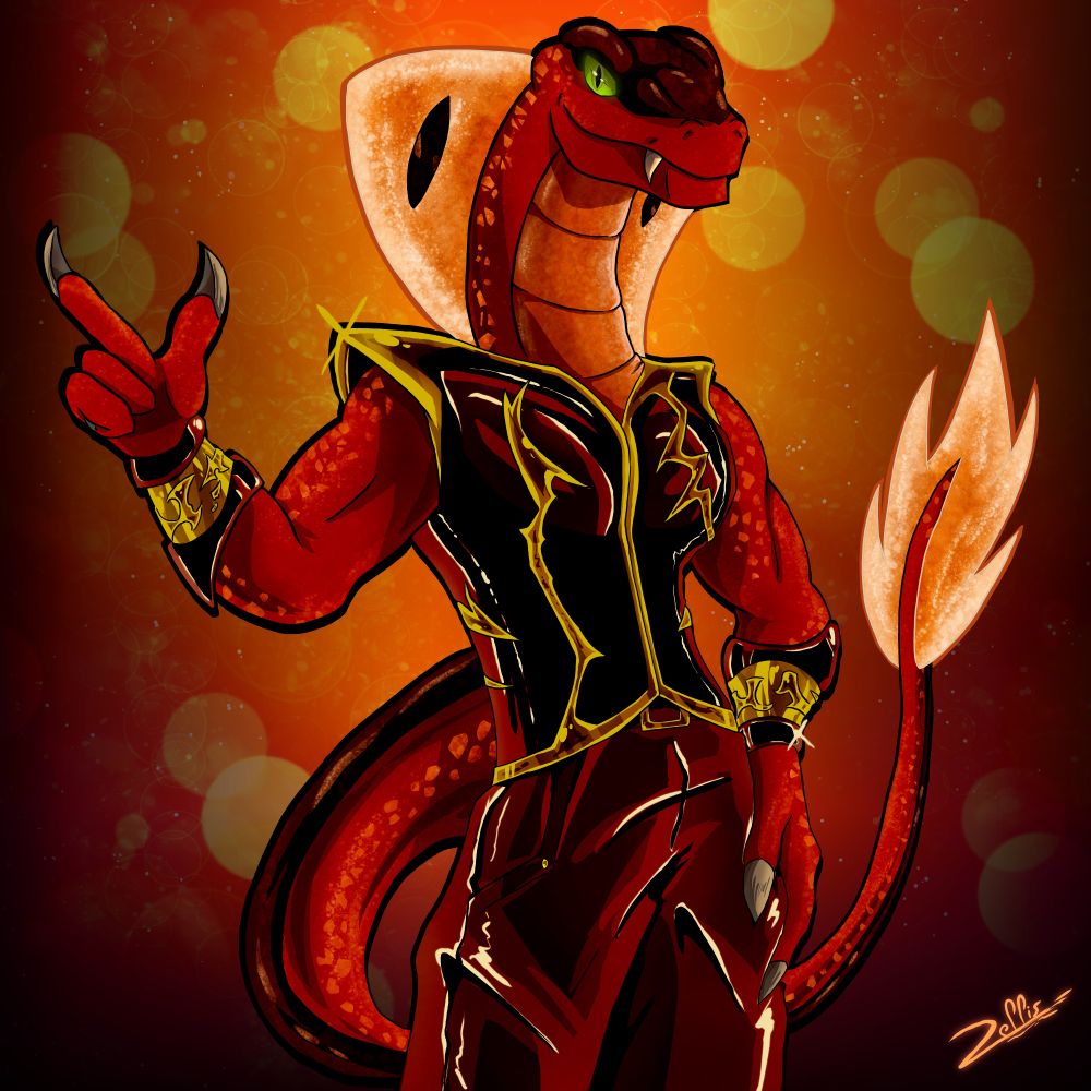 A red snake sona with golden wristlets, a black shiny corset with golden motives and red pants.
