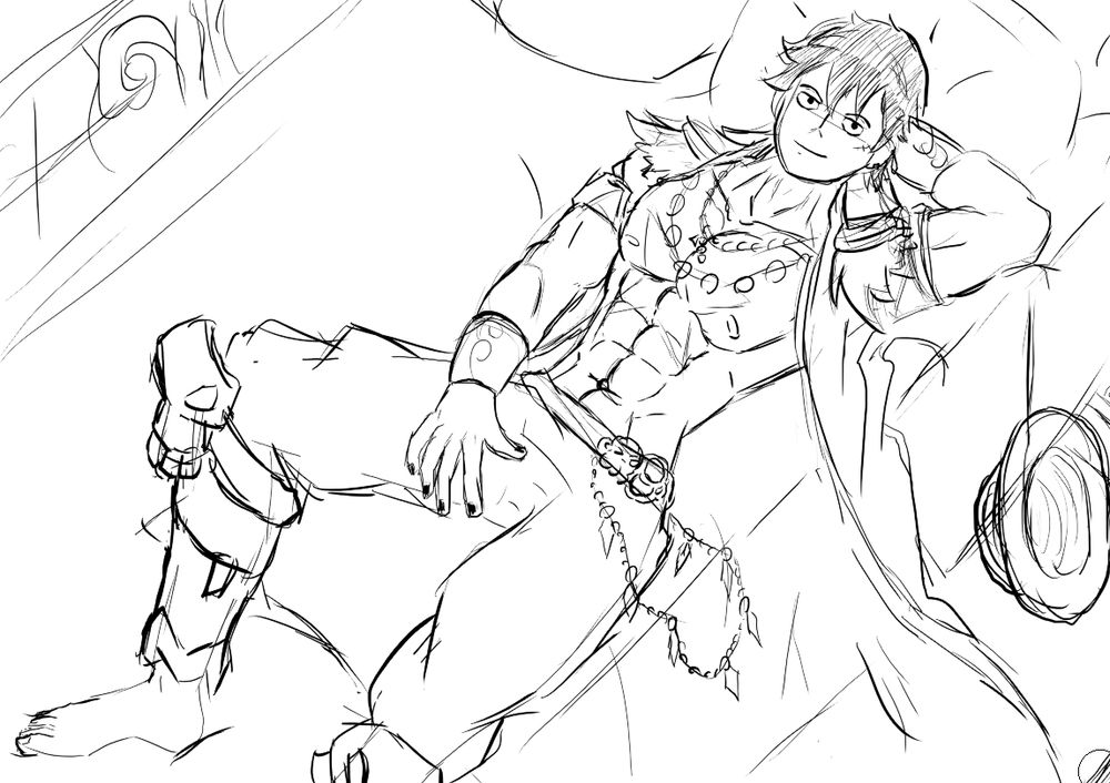 Luffy lying shirtless on a bed, his strawhat is on the ground.