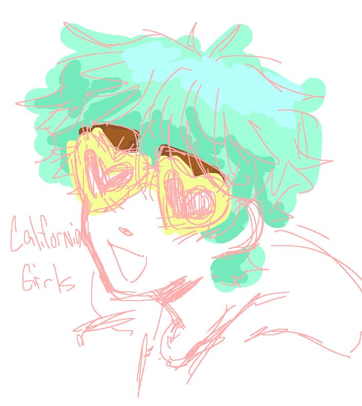 a picture of awsten, teal hair with yellow sunglasses, smiling with the words “california girls” next to him, the lineart is in light pink, and he is wearing a hoodie