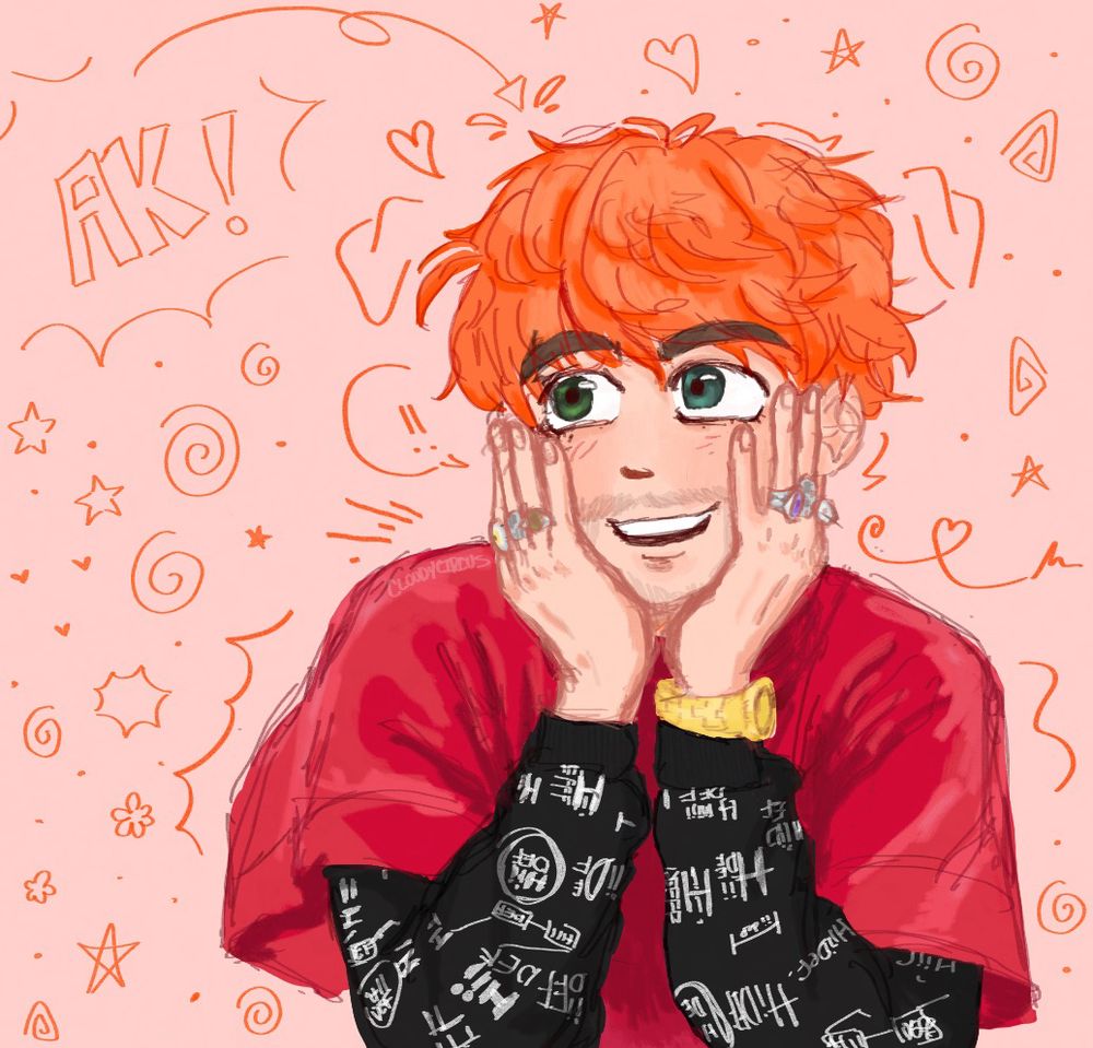 fanart of Awsten Knight, a man with red orangish hair putting his hands up to his face and smiling accompanied by orange doodles and squiggles in the background the background being light pink, theres rings on his left and right hands and a gold watch on his wrist, he’s wearing his signature Hiidef long-sleeve underneath a short sleeve oversized red shirt